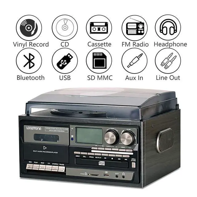 Alt view image 2 of 7 - Vinyl Record Player 9 in 1 3 Speed Bluetooth Vintage Turntable CD Cassette Player AM/FM Radio USB Recorder Aux-in RCA Line-Out (Black Edition)