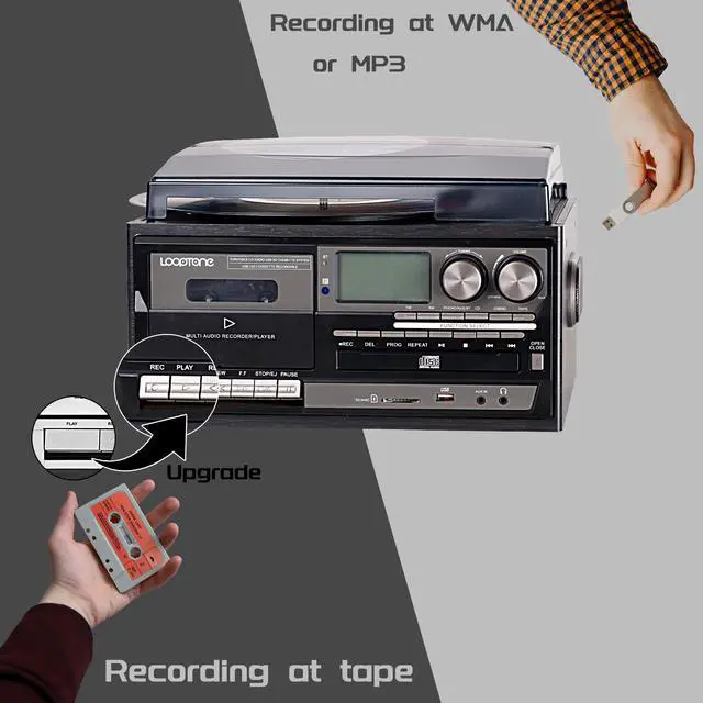 Alt view image 7 of 7 - Vinyl Record Player 9 in 1 3 Speed Bluetooth Vintage Turntable CD Cassette Player AM/FM Radio USB Recorder Aux-in RCA Line-Out (Black Edition)