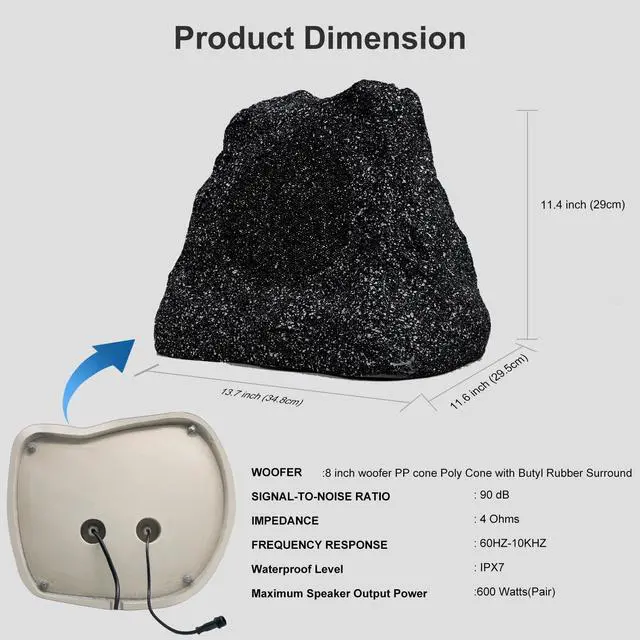 Alt view image 6 of 7 - 8" Outdoor Rock Bluetooth Speakers Waterproof Powerful 600 Watt Deep Bass All Weather Durable for Outdoor Garden Pool Patio Deck Porch BBQ (1 Pair)