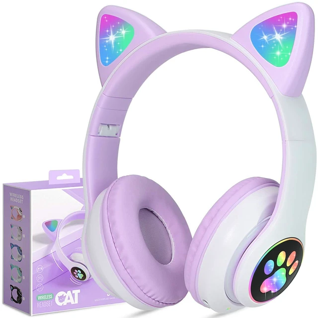 Main image of Cat Ear Kids Bluetooth Headphones, LED, 85dB Volume Limit Bluetooth 6.0 wireless headset with mic, stereo sound, foldable, 3.5mm wired mode for girls, school, tablet, travel