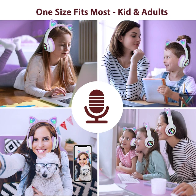 Alt view image 2 of 6 - Cat Ear Kids Bluetooth Headphones, LED, 85dB Volume Limit Bluetooth 6.0 wireless headset with mic, stereo sound, foldable, 3.5mm wired mode for girls, school, tablet, travel