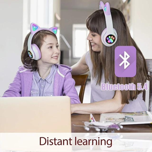 Alt view image 3 of 6 - Cat Ear Kids Bluetooth Headphones, LED, 85dB Volume Limit Bluetooth 6.0 wireless headset with mic, stereo sound, foldable, 3.5mm wired mode for girls, school, tablet, travel