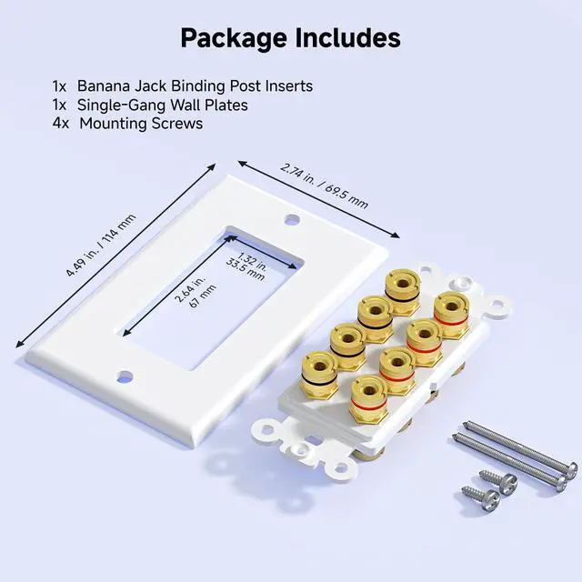 Alt view image 7 of 7 - Speaker Wire Wall Plate, 8 Posts for 4 Speakers, White | Gold-Plated Binding Posts, Banana Plug Compatible, for Home Theater Wiring, Low-Voltage Installation
