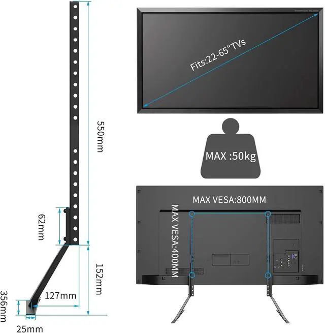 Alt view image 5 of 7 - Universal TV Stand Table Top Replacement TV Legs for 22-65 inches LCD Flat&Curved Screen TV, Max VESA up to 800x400mm Support 110lbs