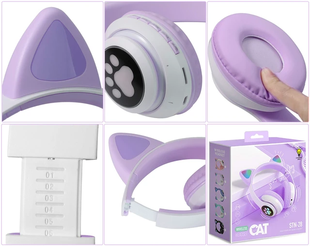 Alt view image 4 of 6 - Cat Ear Kids Bluetooth Headphones, LED, 85dB Volume Limit Bluetooth 6.0 wireless headset with mic, stereo sound, foldable, 3.5mm wired mode for girls, school, tablet, travel