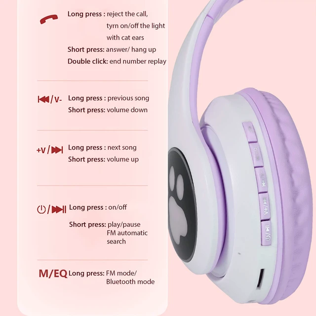 Alt view image 5 of 6 - Cat Ear Kids Bluetooth Headphones, LED, 85dB Volume Limit Bluetooth 6.0 wireless headset with mic, stereo sound, foldable, 3.5mm wired mode for girls, school, tablet, travel