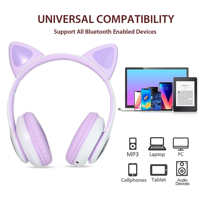 Alt view image 6 of 6 - Cat Ear Kids Bluetooth Headphones, LED, 85dB Volume Limit Bluetooth 6.0 wireless headset with mic, stereo sound, foldable, 3.5mm wired mode for girls, school, tablet, travel