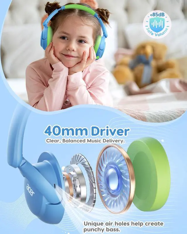 Alt view image 2 of 7 - Kids Bluetooth Headphones, 85dB Limiter, 75H, w/Mic OHR725 | Foldable Wireless Over Ear Headphones, Bluetooth 5.4, for Toddler School/iPad/Tablet/PC/Travel, Blue-Green