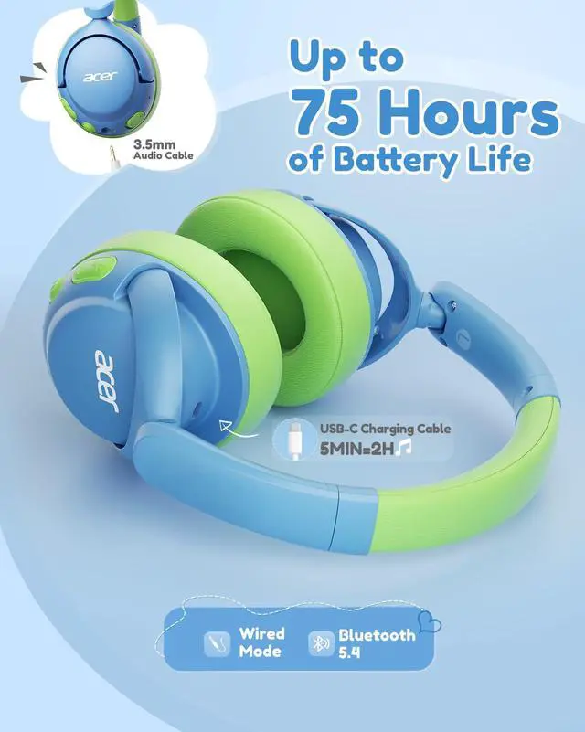 Alt view image 7 of 7 - Kids Bluetooth Headphones, 85dB Limiter, 75H, w/Mic OHR725 | Foldable Wireless Over Ear Headphones, Bluetooth 5.4, for Toddler School/iPad/Tablet/PC/Travel, Blue-Green
