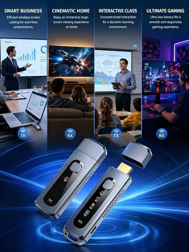 Alt view image 6 of 7 - Wireless HDMI Transmitter and Receiver, Plug & Play HDMI Extender | 4K Decode Input, 1080P@60Hz Output, No WiFi/Apps/Bluetooth, Dual-Band 5.8G+2.4G, Low Latency, 165FT, Projector/Meeting