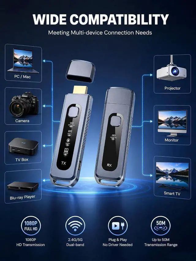 Alt view image 7 of 7 - Wireless HDMI Transmitter and Receiver, Plug & Play HDMI Extender | 4K Decode Input, 1080P@60Hz Output, No WiFi/Apps/Bluetooth, Dual-Band 5.8G+2.4G, Low Latency, 165FT, Projector/Meeting