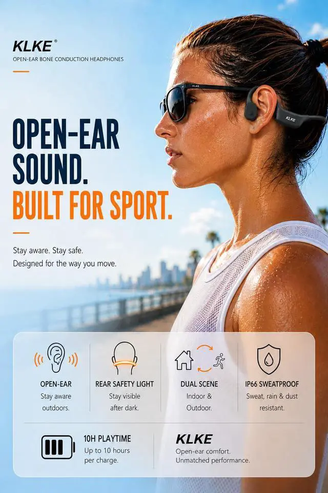 Alt view image 2 of 7 - Open-Ear Bone Conduction Headphones with Mic, Sports Headset | Rear Safety Light, Dual Sound Modes, Adjustable Fit, IP66 Sweatproof, 10H Playtime Ideal for Cycling, Hiking & Outdoor Sports