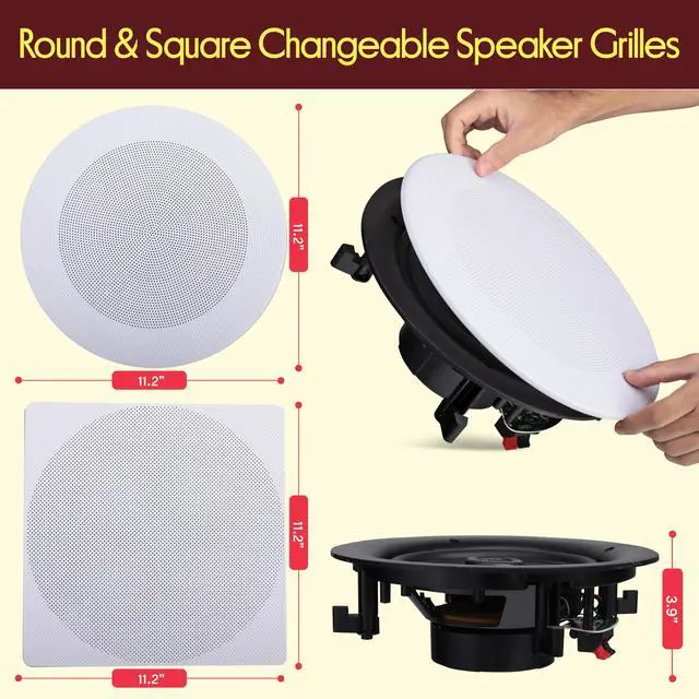 Alt view image 6 of 7 - 8 4 Bluetooth Flush Mount - In-wall In-ceiling 2-Way Speaker System Quick Connections Changeable Round/Square Grill Polyprone Cone & Tweeter Stereo Sound 4 Ch Amplifier 250 Watt - PDICBT286