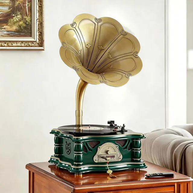 Main image of Wooden Vintage Gramophone Record Player, Retro Phonograph Record Players, 3 Speed Turntable for Vinyl Records with Bluetooth Play/USB Play/FM for Home/Office/Hotel/Christmas/Birthday/Party