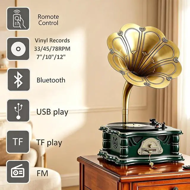 Alt view image 2 of 7 - Wooden Vintage Gramophone Record Player, Retro Phonograph Record Players, 3 Speed Turntable for Vinyl Records with Bluetooth Play/USB Play/FM for Home/Office/Hotel/Christmas/Birthday/Party