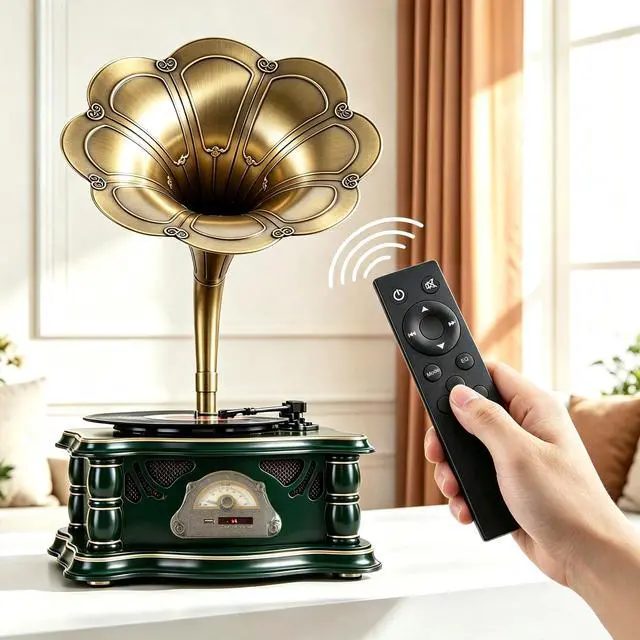 Alt view image 4 of 7 - Wooden Vintage Gramophone Record Player, Retro Phonograph Record Players, 3 Speed Turntable for Vinyl Records with Bluetooth Play/USB Play/FM for Home/Office/Hotel/Christmas/Birthday/Party