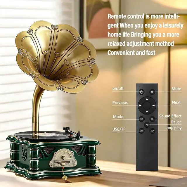 Alt view image 5 of 7 - Wooden Vintage Gramophone Record Player, Retro Phonograph Record Players, 3 Speed Turntable for Vinyl Records with Bluetooth Play/USB Play/FM for Home/Office/Hotel/Christmas/Birthday/Party