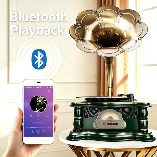 Alt view image 6 of 7 - Wooden Vintage Gramophone Record Player, Retro Phonograph Record Players, 3 Speed Turntable for Vinyl Records with Bluetooth Play/USB Play/FM for Home/Office/Hotel/Christmas/Birthday/Party