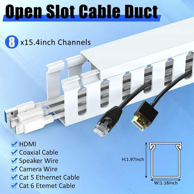 Alt view image 2 of 7 - Open Slot Wiring Raceway Cable Duct,Cable Management Cord Track | 123" open slot cable raceway,White 1.18x1.57",8 pcs desk wire channel to hide computer cables and cords