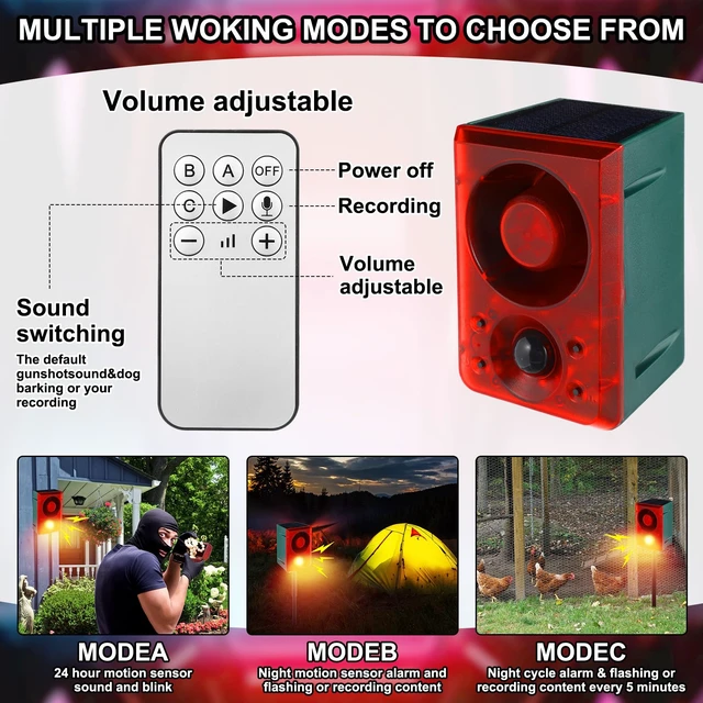 Alt view image 2 of 7 - 8 Pcs Solar Outdoor Motion Sensor Alarm with Stake Gunshot Sound Dog Barking, 3 Modes Support Recording & Adjustable Volume USB Charging 129 dB Loud Noise Maker for Animal Deterrent, Red