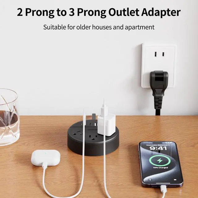 Alt view image 2 of 7 - 2 Prong Power Strip, 1875W 2 Prong to 3 Prong Outlet Adapter, 2 Prong Extension Cord 5 ft, Rotating Plug, Wall Mount, 3 Outlet 2 USB A+2 USB C, Two Power Strip for Travel, Older House, Dorm