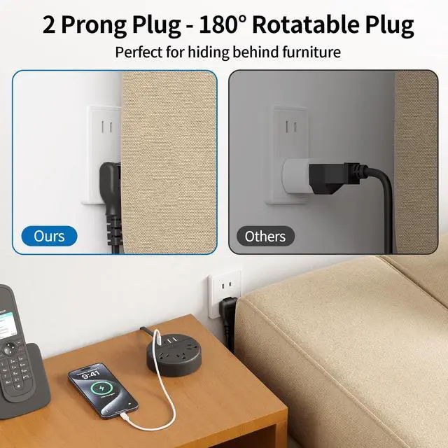 Alt view image 3 of 7 - 2 Prong Power Strip, 1875W 2 Prong to 3 Prong Outlet Adapter, 2 Prong Extension Cord 5 ft, Rotating Plug, Wall Mount, 3 Outlet 2 USB A+2 USB C, Two Power Strip for Travel, Older House, Dorm
