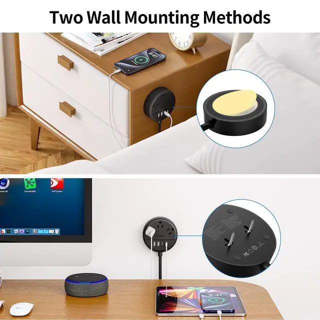 Alt view image 5 of 7 - 2 Prong Power Strip, 1875W 2 Prong to 3 Prong Outlet Adapter, 2 Prong Extension Cord 5 ft, Rotating Plug, Wall Mount, 3 Outlet 2 USB A+2 USB C, Two Power Strip for Travel, Older House, Dorm