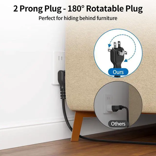 Alt view image 6 of 7 - 2 Prong Power Strip, 1875W 2 Prong to 3 Prong Outlet Adapter, 2 Prong Extension Cord 5 ft, Rotating Plug, Wall Mount, 3 Outlet 2 USB A+2 USB C, Two Power Strip for Travel, Older House, Dorm