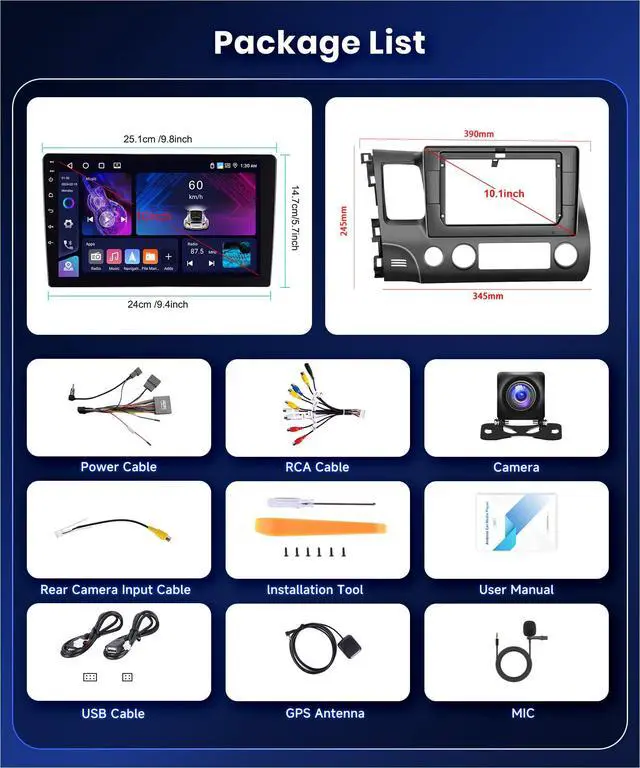 Alt view image 7 of 7 - 4G 64G Car Stereo for Honda Civic 2006-2011 Radio with Backup Camera | 10.1inch 1280*720 IPS Touch Screen DSP 32EQ Wireless Carplay Android Auto Bluetooth 5.0 GPS SWC FM/RDS 5G WiFi MirrorLink