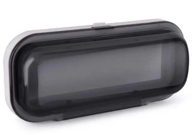 Main image of Water Resistant Marine Stereo Cover - Smoke Colored Heavy Duty Boat Radio Protector Shield with Flip-up Door & Spring Loaded Release - Mounting Gasket Included - PLMRCW1