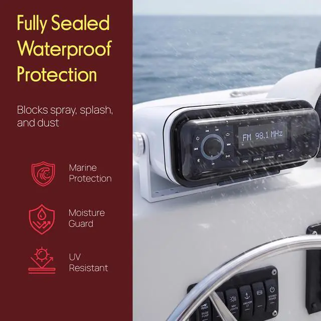 Alt view image 3 of 7 - Water Resistant Marine Stereo Cover - Smoke Colored Heavy Duty Boat Radio Protector Shield with Flip-up Door & Spring Loaded Release - Mounting Gasket Included - PLMRCW1