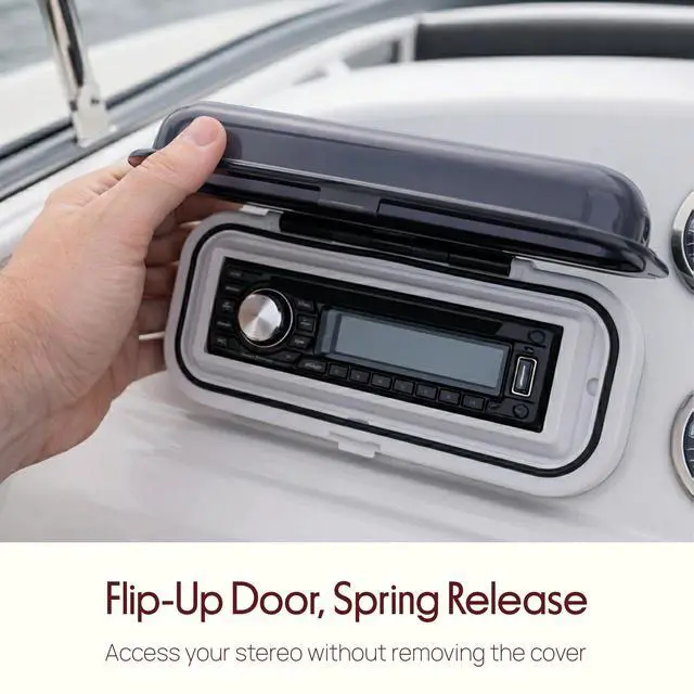 Alt view image 4 of 7 - Water Resistant Marine Stereo Cover - Smoke Colored Heavy Duty Boat Radio Protector Shield with Flip-up Door & Spring Loaded Release - Mounting Gasket Included - PLMRCW1