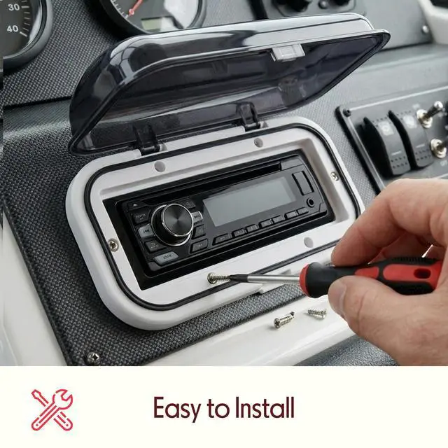 Alt view image 6 of 7 - Water Resistant Marine Stereo Cover - Smoke Colored Heavy Duty Boat Radio Protector Shield with Flip-up Door & Spring Loaded Release - Mounting Gasket Included - PLMRCW1