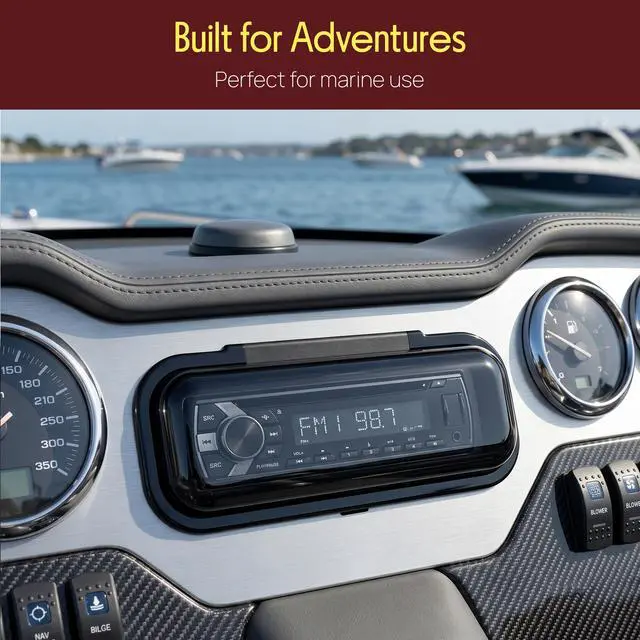 Alt view image 5 of 7 - Water Resistant Marine Stereo Cover - Smoke Colored Heavy Duty Boat Radio Protector Shield with Flip-up Door & Spring Loaded Release - Mounting Gasket Included - PLMRCW1