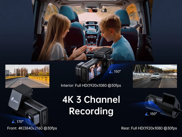 Alt view image 2 of 4 - 4K 3 Channel Dash Cam Front and Rear Inside, Dash Camera for Cars, 4K+1080P+1080P Dashcam with APP & WiFi, 64GB Card Included, Smart Driving System ADAS DMS, 24H Parking Mode,G-Sensor,256GB Max