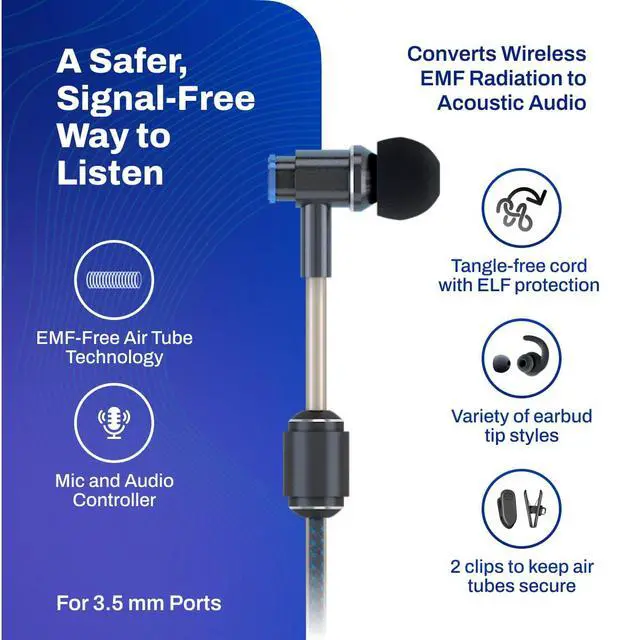 Alt view image 2 of 7 - EMF Radiation-Free Earbuds Air Tube Stereo Headphones Universal Acoustic Headphones Wired Mic & Audio Controls Secure Fit Wired Earbuds, 3.5mm Jack, Sports Tips & 3 Ear Tip Sizes