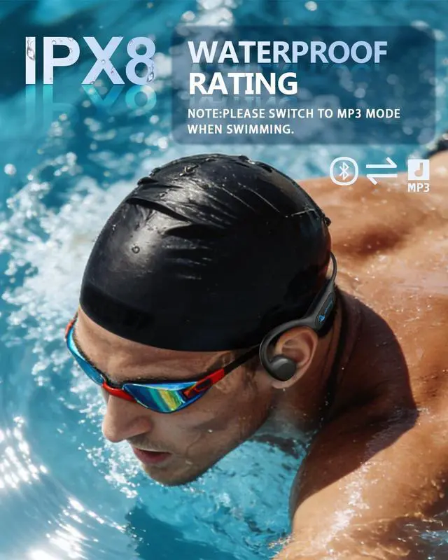 Alt view image 2 of 7 - Swimming Headphones Bone Conduction Bluetooth 6.0 IPX8 Waterproof 32G MP3 | Open-ear comfort,clear audio in water,phone-free playlists,secure fit with caps and goggles,stable above-water pairing