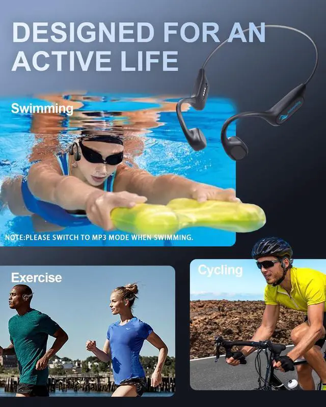 Alt view image 6 of 7 - Swimming Headphones Bone Conduction Bluetooth 6.0 IPX8 Waterproof 32G MP3 | Open-ear comfort,clear audio in water,phone-free playlists,secure fit with caps and goggles,stable above-water pairing