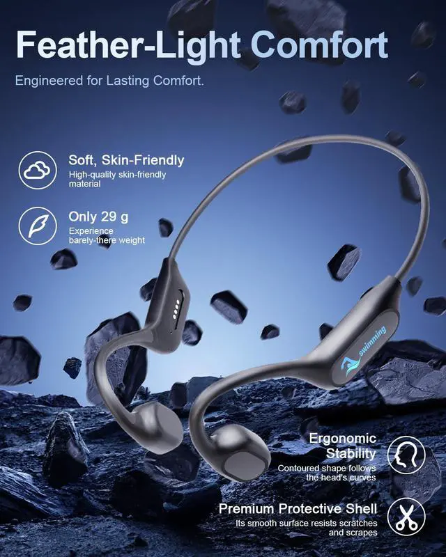 Alt view image 7 of 7 - Swimming Headphones Bone Conduction Bluetooth 6.0 IPX8 Waterproof 32G MP3 | Open-ear comfort,clear audio in water,phone-free playlists,secure fit with caps and goggles,stable above-water pairing