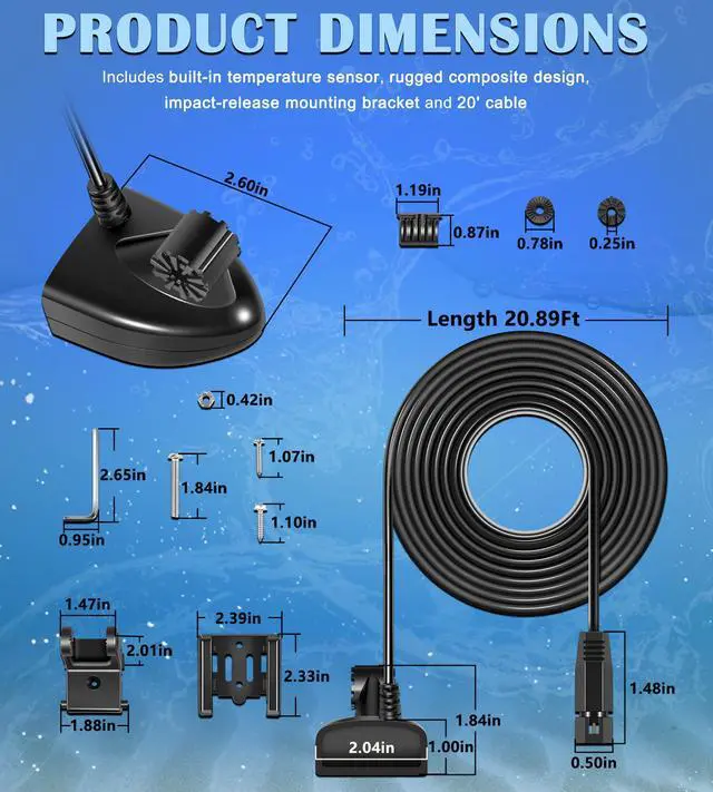 Alt view image 2 of 7 - 710274-1 XNT 9 HW T Transom Mount Transducer with Temperature Sensor Fits for Humminbird Helix with Dual Spectrum Chirp 2D Sonar, 20Ft Cable Length