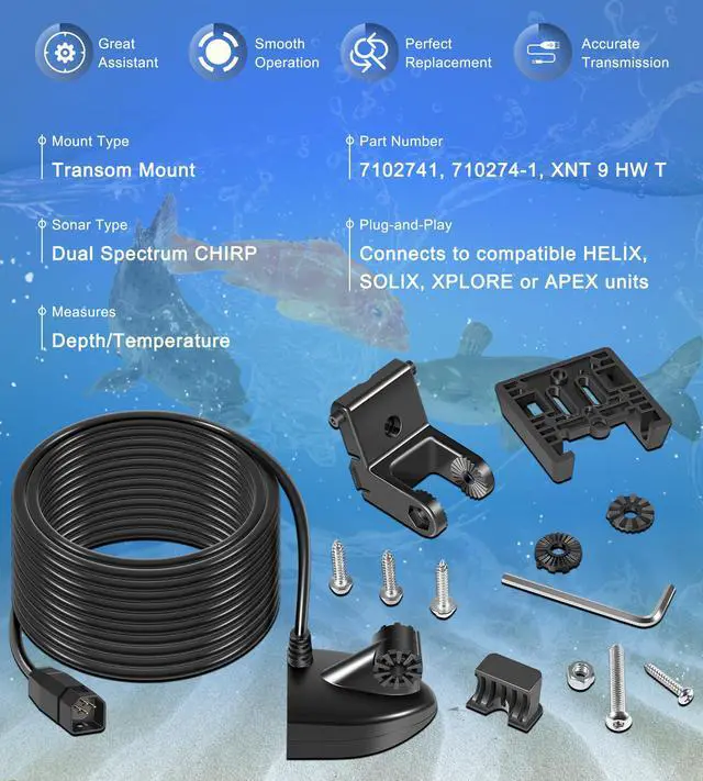Alt view image 6 of 7 - 710274-1 XNT 9 HW T Transom Mount Transducer with Temperature Sensor Fits for Humminbird Helix with Dual Spectrum Chirp 2D Sonar, 20Ft Cable Length