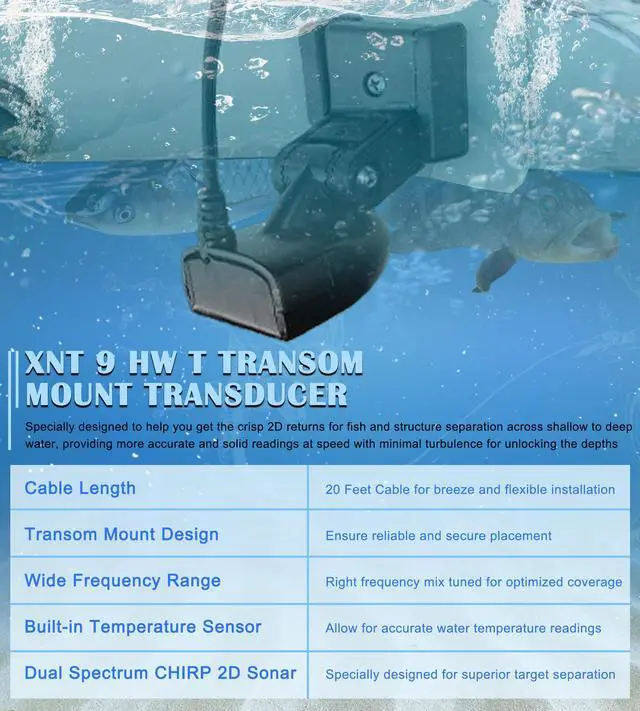 Alt view image 4 of 7 - 710274-1 XNT 9 HW T Transom Mount Transducer with Temperature Sensor Fits for Humminbird Helix with Dual Spectrum Chirp 2D Sonar, 20Ft Cable Length