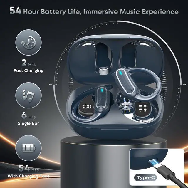 Alt view image 3 of 7 - Wireless Earbuds Bluetooth Headphones, 54H Playtime Stereo Over Ear Buds with ENC Noise Cancelling, LED Power Display, IPX7 Waterproof Sport Earphones wih Earhooks for Running/Workouts Blue