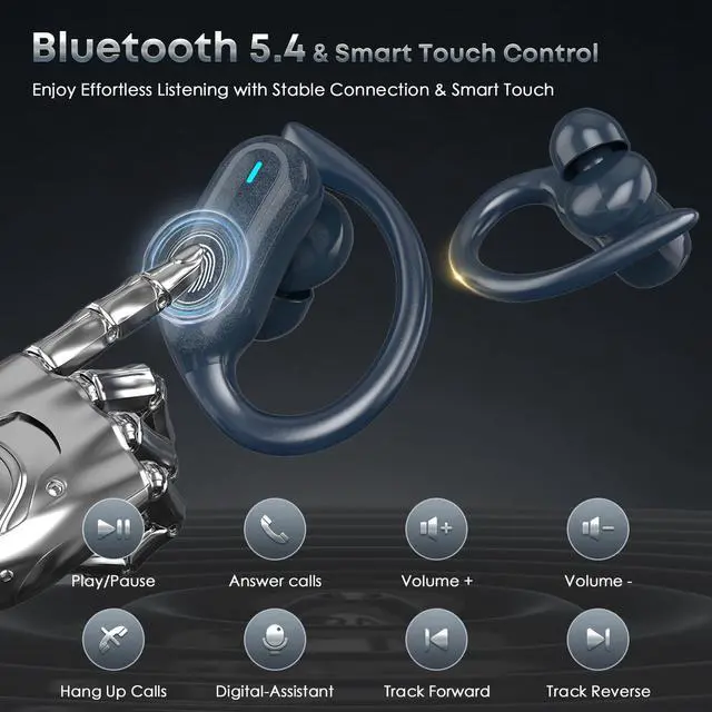 Alt view image 4 of 7 - Wireless Earbuds Bluetooth Headphones, 54H Playtime Stereo Over Ear Buds with ENC Noise Cancelling, LED Power Display, IPX7 Waterproof Sport Earphones wih Earhooks for Running/Workouts Blue