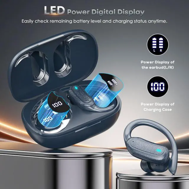 Alt view image 5 of 7 - Wireless Earbuds Bluetooth Headphones, 54H Playtime Stereo Over Ear Buds with ENC Noise Cancelling, LED Power Display, IPX7 Waterproof Sport Earphones wih Earhooks for Running/Workouts Blue
