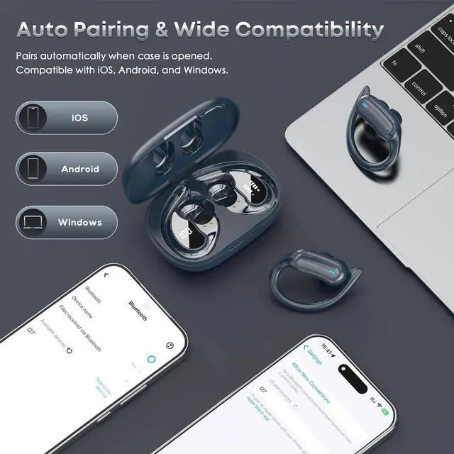 Alt view image 6 of 7 - Wireless Earbuds Bluetooth Headphones, 54H Playtime Stereo Over Ear Buds with ENC Noise Cancelling, LED Power Display, IPX7 Waterproof Sport Earphones wih Earhooks for Running/Workouts Blue