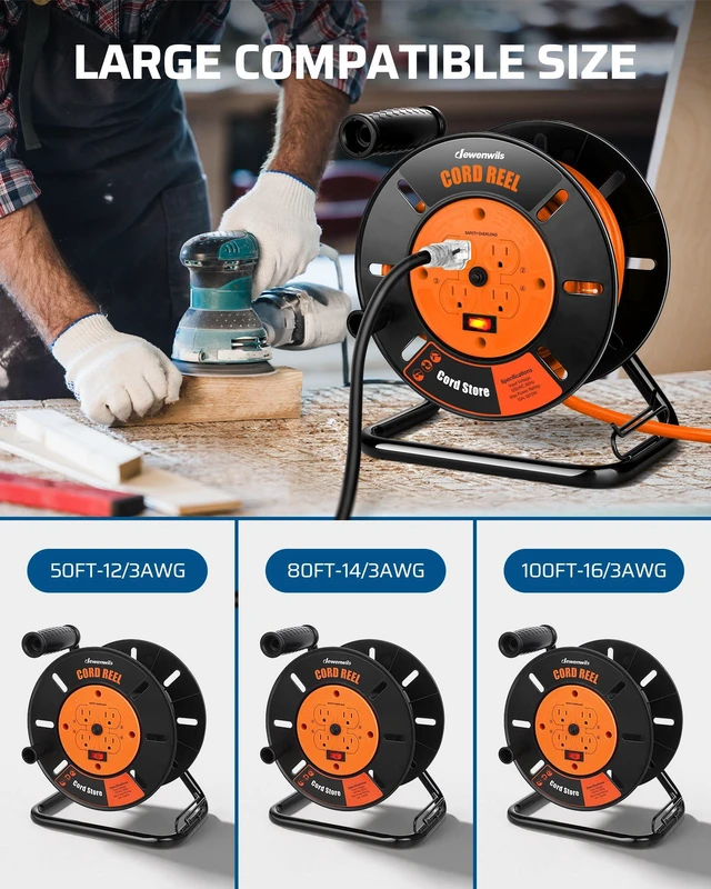 Alt view image 5 of 6 - Extension Cord Storage Reel, Hand Wind Retractable Open Cord Reel | 4-Grounded Outlets, Heavy Duty for 12/3, 14/3, 16/3 Gauge Power Cord, 10A Circuit Breaker, Rocker Power Switch, Orange