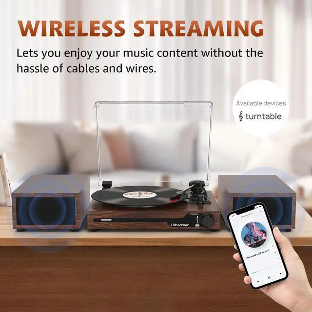 Alt view image 2 of 7 - Vinyl Record Player with External Speakers BT 5.3 Wireless Turntable Portable with 3 Speed USB Vintage Wooden Coffee