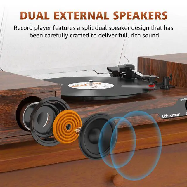 Alt view image 3 of 7 - Vinyl Record Player with External Speakers BT 5.3 Wireless Turntable Portable with 3 Speed USB Vintage Wooden Coffee