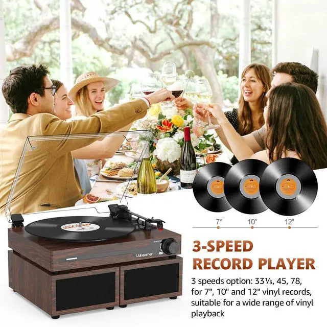 Alt view image 4 of 7 - Vinyl Record Player with External Speakers BT 5.3 Wireless Turntable Portable with 3 Speed USB Vintage Wooden Coffee